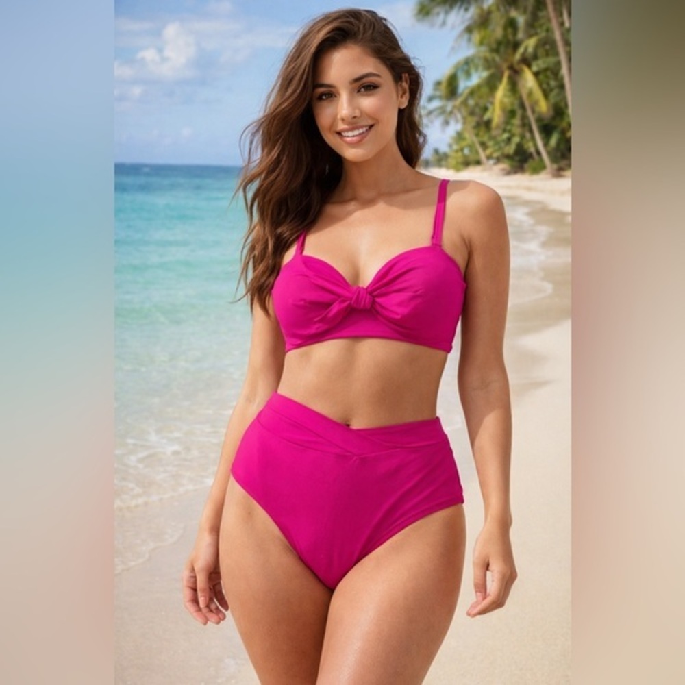 Magenta Twist-Front High-Waist Bikini Set - Women Swim